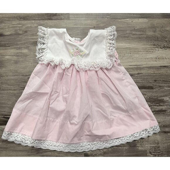Vintage Girl's Dress 6 Months Party Floral Pink White Bib Lace Trim Flower 90s - Picture 3 of 7